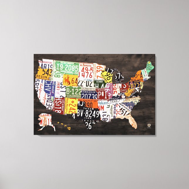 License Plate Map of The USA - Warm Colours / Blac Canvas Print (Front)