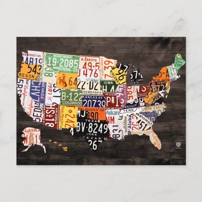 License Plate Map of the USA Warm Colours Edition Postcard (Front)