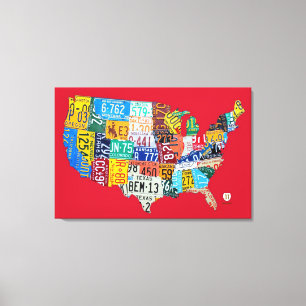 License Plate Map of the USA Wrapped Canvas 36x24