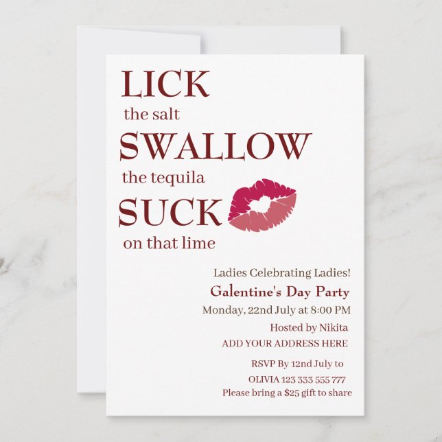 Lick the salt swallow the tequila Galentine's Day Invitation (Front)