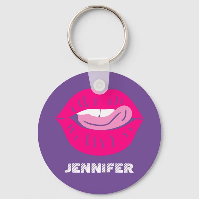 Licking Lips Magenta and Purple Personalized Keychain (Front)