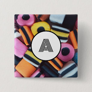 Licorice Allsorts Lover Monogram Initial Fun 2 Inch Square Button