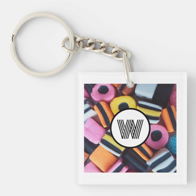 Licorice Allsorts Lover Monogram Initial Fun Keychain (Front)