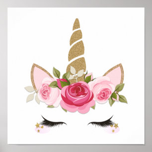 Licorne Gold Floral Mignon Tendance Affiche