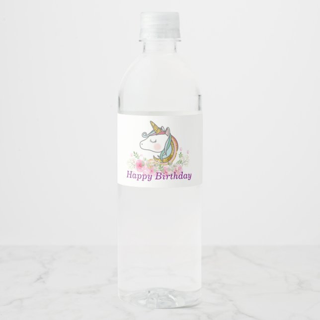 licorne, rose floral, étiquette bouteille d'eau (Devant)