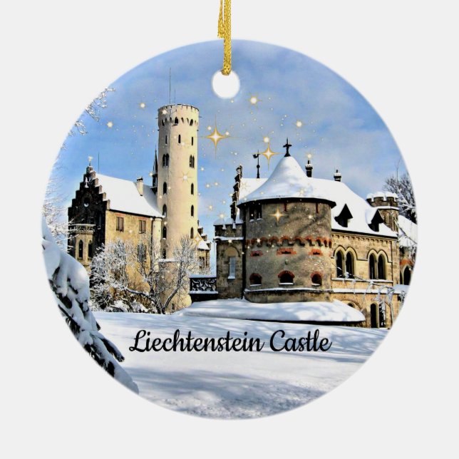 Liechtenstein Castle, pretty holiday design Ceramic Ornament (Back)