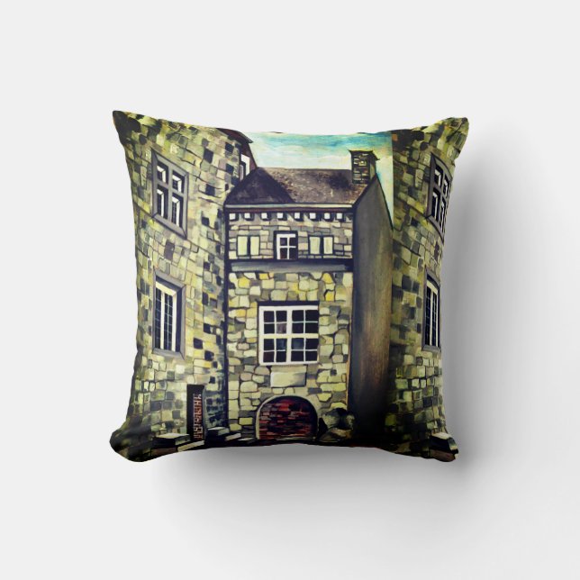 Liege, A Surreal Dreamscape Stone Castle Throw Pillow (Front)