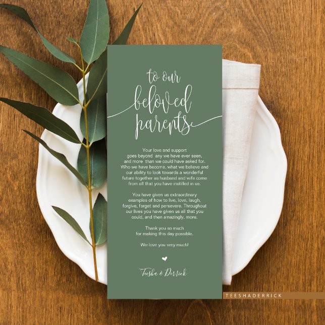 Lieu Cadre Carte de remerciements pour les parents (Wedding Dinner or Elopement Brunch Place Setting Thank You Card, In Modern RusticSage Green Greenery)
