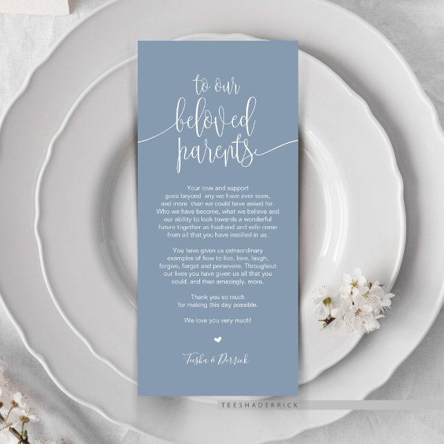 Lieu Cadre Carte de remerciements pour les parents (Wedding Dinner or Elopement Brunch Place Setting Thank You Card, In Modern Romantic Dusty Blue)