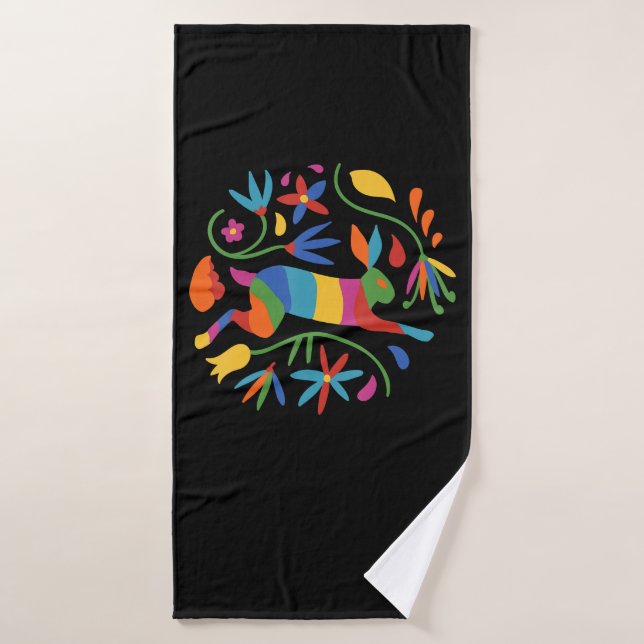 Lièvre et fleur mexicain coloré Otomi (Serviette de bain)