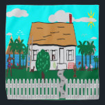 Life At The Beach Bandana<br><div class="desc">House with fence by the beach water with trees and flowers all around.  The mountains settings in the background. Two women outside exercising while one woman looks out the window as the radio playing.  The dog barks at the walking flamingo and the sailboat calmly passes by.</div>