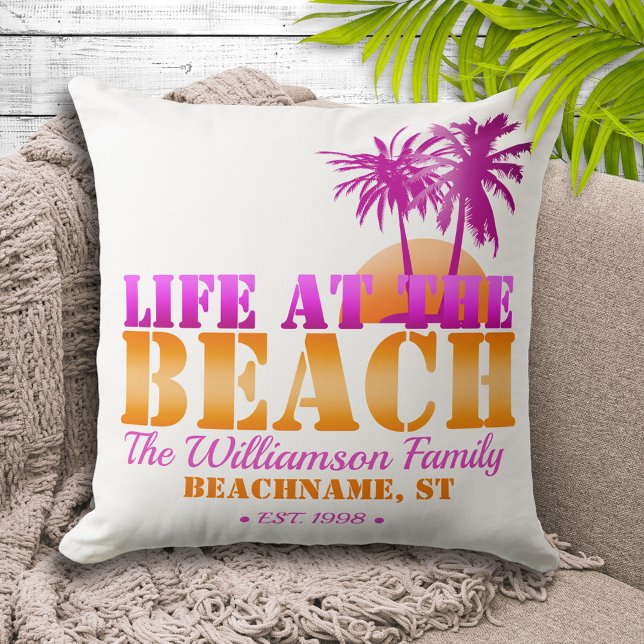 Life at the Beach Personalized Pink & Orange Outdoor Pillow (Creator Uploaded)