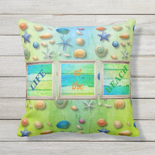Life at the Beach Sea Sand Seashells Rustic Frame Outdoor Pillow