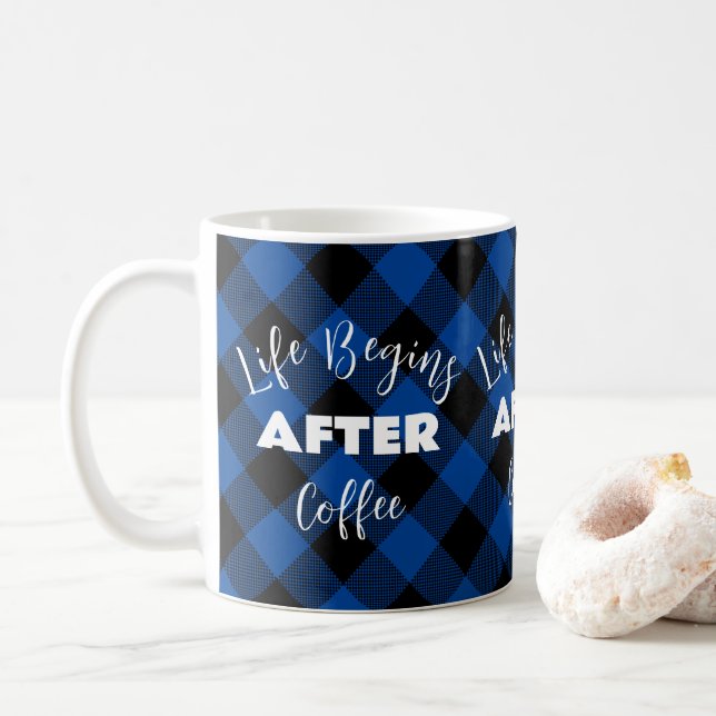 Life Begins After Coffee Chequered Pattern Mug (With Donut)