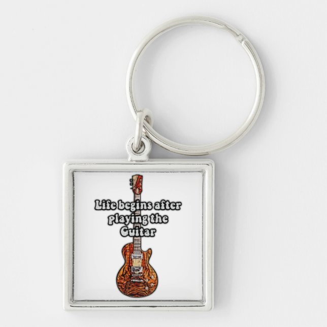 Life begins after playing the guitar. retro colour keychain (Front)