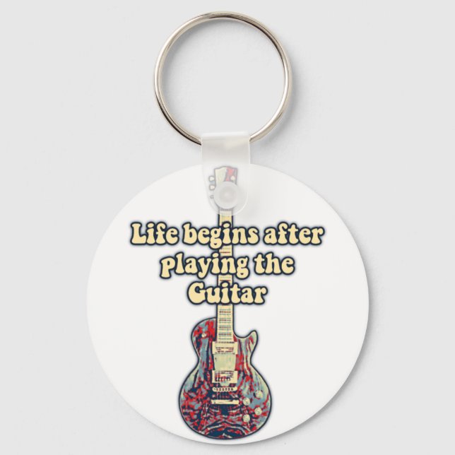 Life begins after playing the guitar. retro colour keychain (Front)
