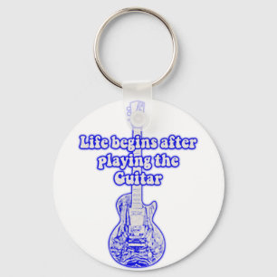 Life begins after playing the guitar. vintage blue keychain