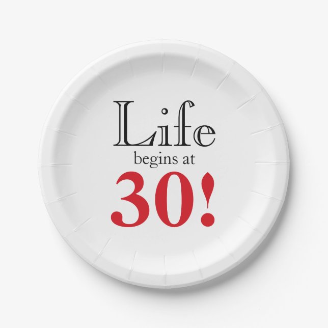 Life begins at 30 cherry red and black cool retro paper plate (Front)