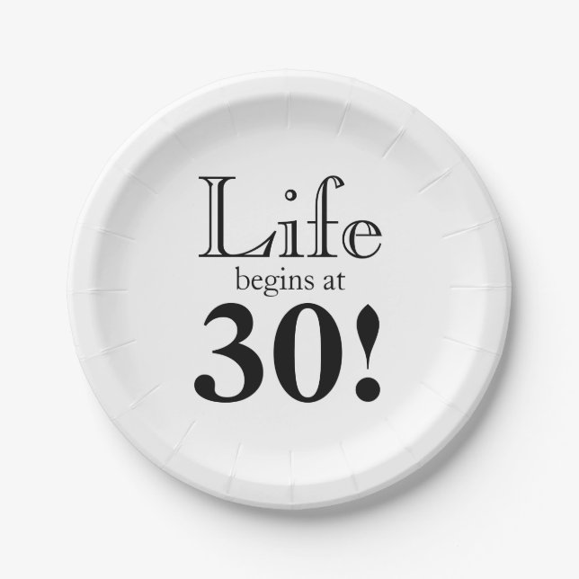 Life begins at 30 retro black graphic font paper plate (Front)