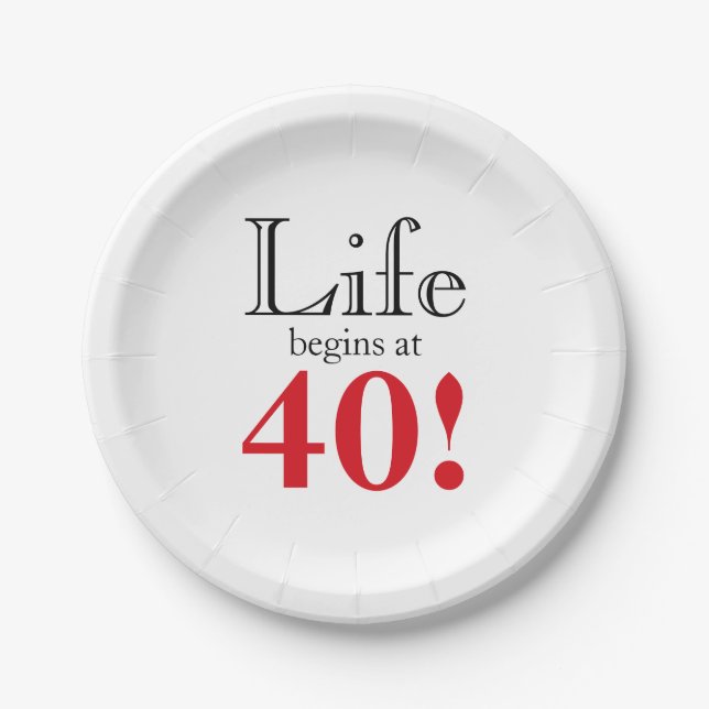Life begins at 40 cherry red and black retro cool paper plate (Front)