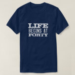 Life begins at 40 Funny 40th Birthday party shirt<br><div class="desc">Life begins at 40 funny 40th Birthday t shirt. Fun quote tee for forty year old men and women. Change age year accordingly. Faded vintage typography design with custom age. Add your own custom number. Cool surprise Birthday party gift idea for legendary dad, father, husband, uncle, grandpa, brother, grandfather, stepfather,...</div>