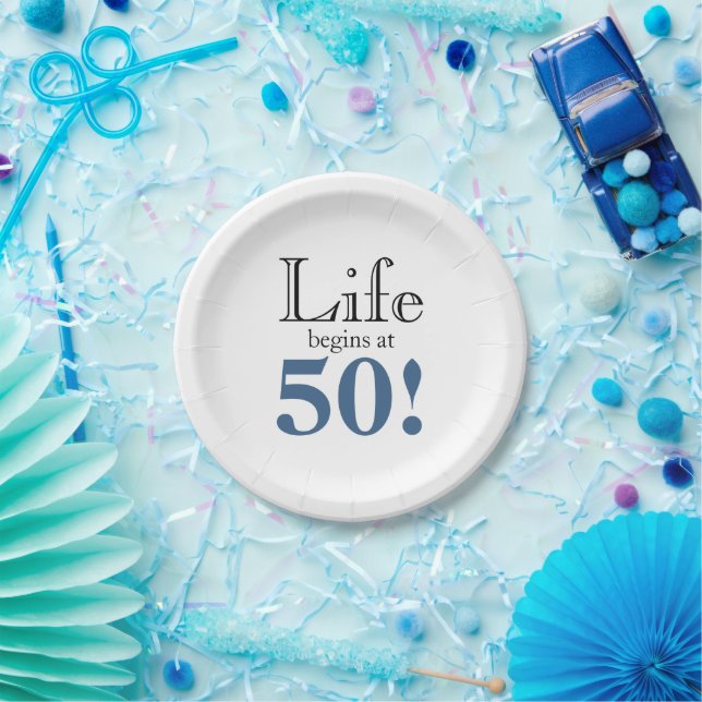 Life begins at 50 slate blue black cool retro pape paper plate (Party)