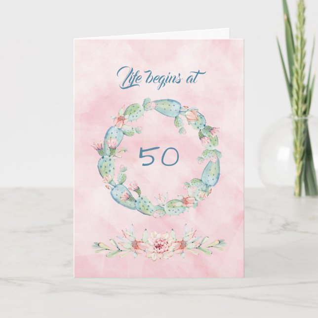 Life Begins at 50 Watercolor Cactus Card (Front)