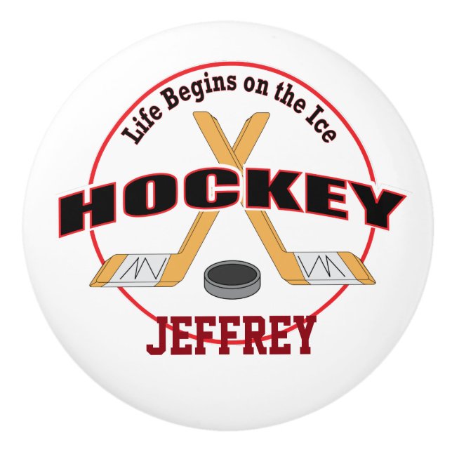 Life Begins Crossed Hockey Sticks with Name Ceramic Knob (Front)