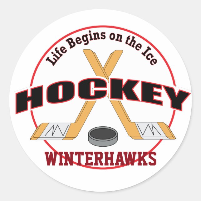 Life Begins Crossed Ice Hockey Sticks and Text Classic Round Sticker (Front)
