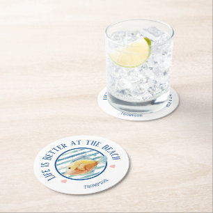 Life Better the Beach, Tropical Fish Round Paper Coaster