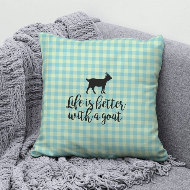 Life Better With Goat Blue Country Plaid  Throw Pillow (Creator Uploaded)