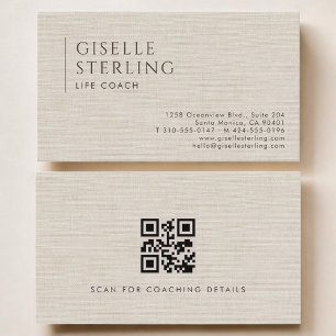 Life Coach Luxury Neutral Linen QR Code Business Card
