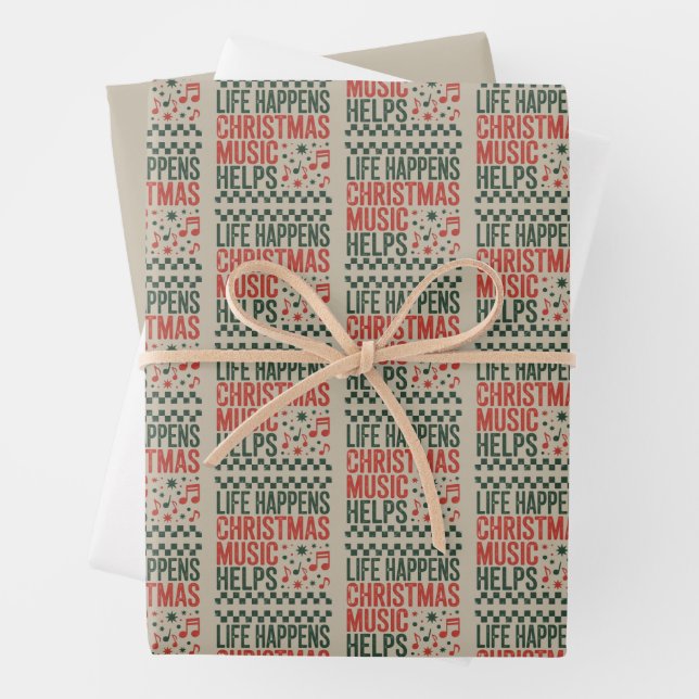 Life Happens Christmas Music Helps Funny Retro  Wrapping Paper Sheet (In situ)