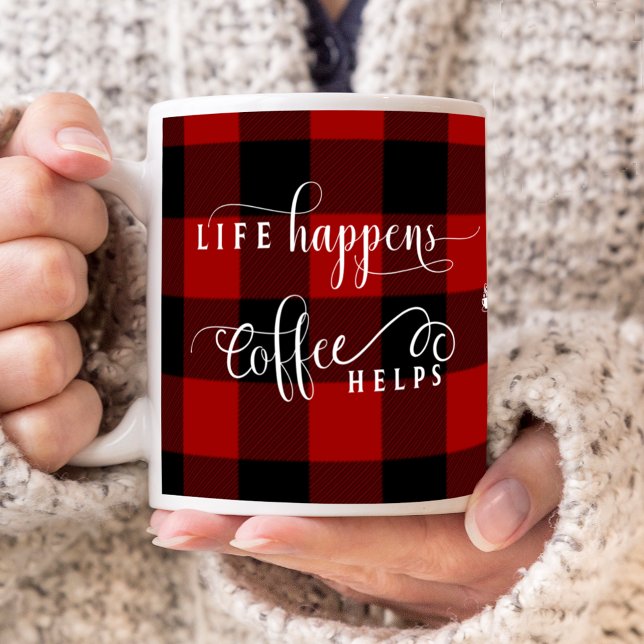 Life Happens Coffee Helps, Plaid, Central Monogram Mug (Creator Uploaded)