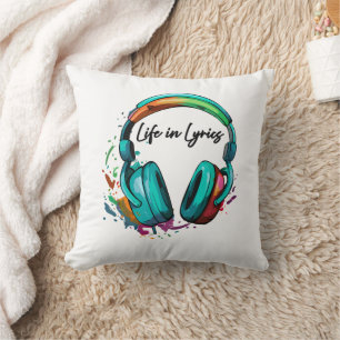 "Life in Lyrics" multi colored headphone Art Throw Pillow