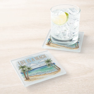 "Life Is a Beach" Tropical Palm Ocean Glass Coaster