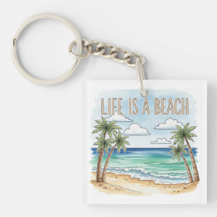 "Life Is a Beach" Tropical Palm Ocean Keychain