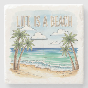"Life Is a Beach" Tropical Palm Ocean Stone Coaster