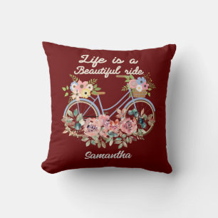 Life is a Beautiful Ride Quotes Floral Girly Name Throw Pillow