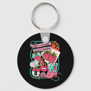 Life Is a Gamble Dealing Cowgirl Strawberry Summer Keychain