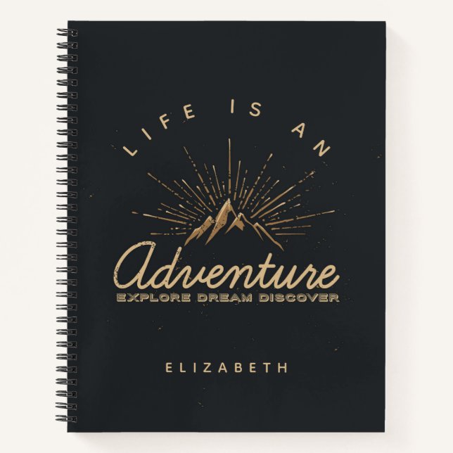 Life is an Adventure Mountain with Golden Sunrays Notebook (Front)