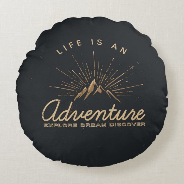 Life is an Adventure Mountain with Sunrays Round Pillow (Front)