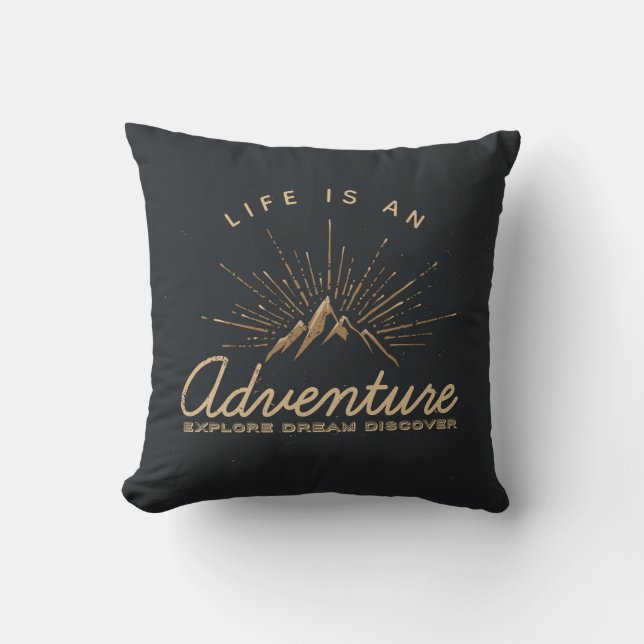 Life is an Adventure Mountain with Sunrays Throw Pillow (Front)