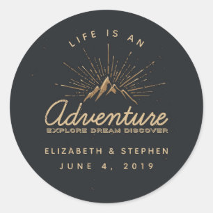 Life is an Adventure Mountain with Sunrays Wedding Classic Round Sticker