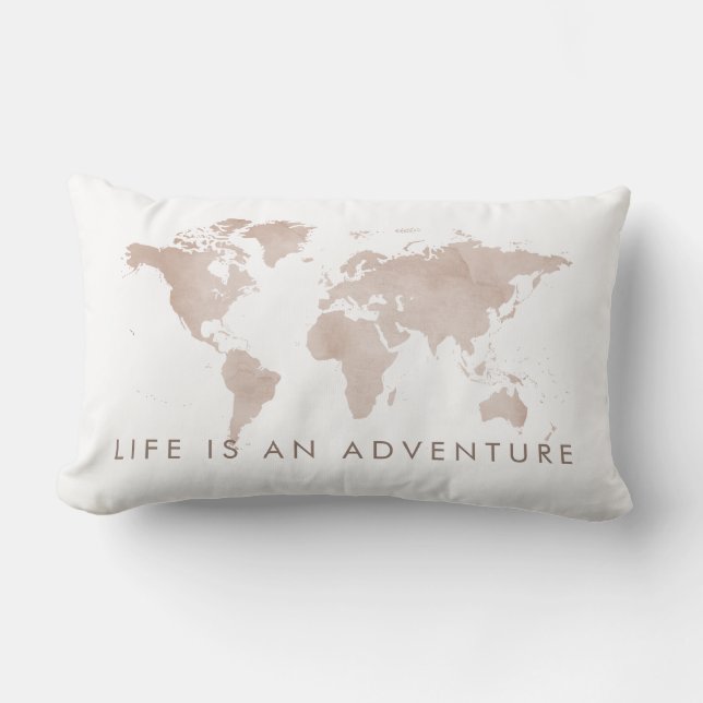 Life is an Adventure Neutral Tan World Map Lumbar Pillow (Front)