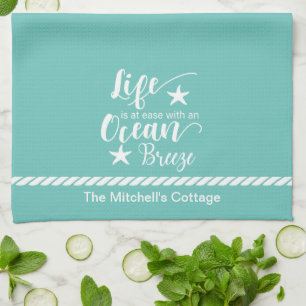 Life Is At Ease With An Ocean Breeze - Beach Quote Kitchen Towel