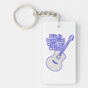 Life is beautiful with my guitar. vintage blue keychain