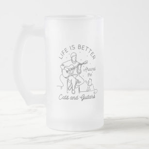 Life is Better Around The Cats and Guitars Frosted Glass Beer Mug
