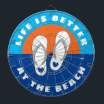 Life is better at the beach sandals ocean sunset dartboard<br><div class="desc">Life is better at the beach sandals ocean sunset Dart Board. Cool wall decor for beach home, house party, office, college dorm, wedding, garden, bar, cafe, mancave etc. Fun Birthday gift idea for friends, family, sailor, skipper, boat captain, fisher, boat owner etc. Personalized professional dartboards with seaside design. Fun indoor...</div>