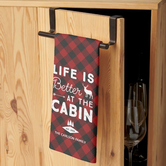 Life is Better at the Cabin Family Buffalo Plaid Kitchen Towel (Thirds Fold)